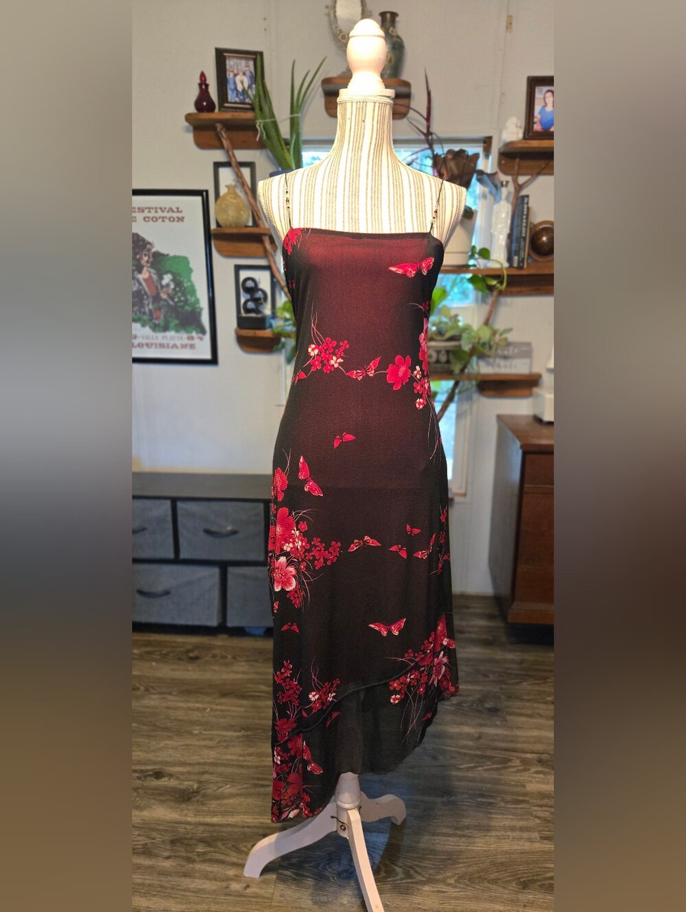 Vintage 90s Y2K Double Fault USA Black Red Floral Butterfly Asymmetrical Maxi Dr